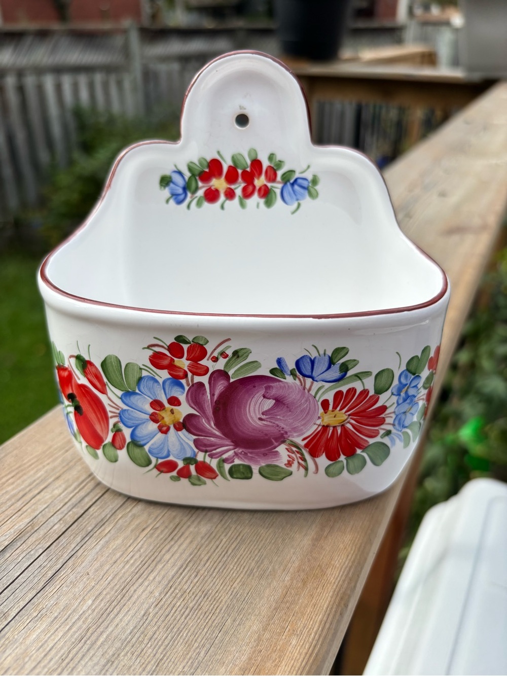 Hand-Painted Floral Ceramic Wall Pocket - White with Multicolor Flowers